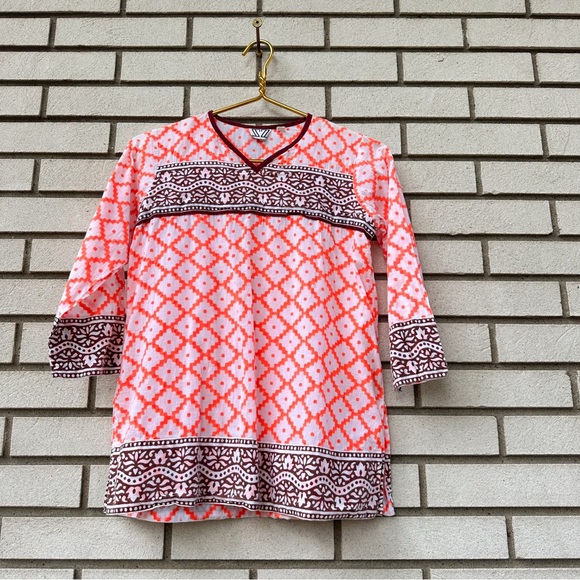 SZ Blockprints Kids Tunic Top Neon Orange Geometric Floral Print 100% Cotton - Picture 1 of 10